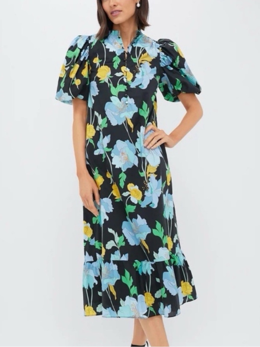 NWT HYACINTH HOUSE‎ Black & Airy Blue Floral Mimi Midi Dress size M